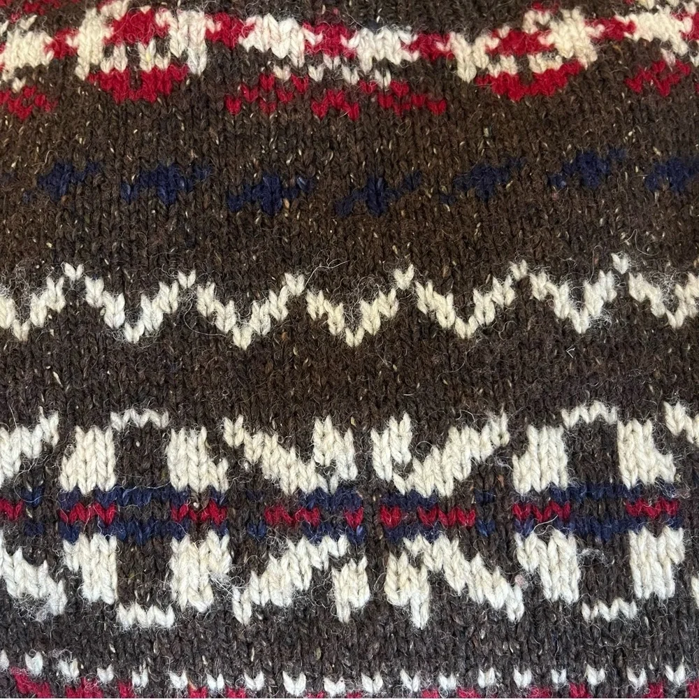 Vintage Wool Sweater Brown/Red Men Medium Fair Isle Nordic Thick Knit Snowflakes